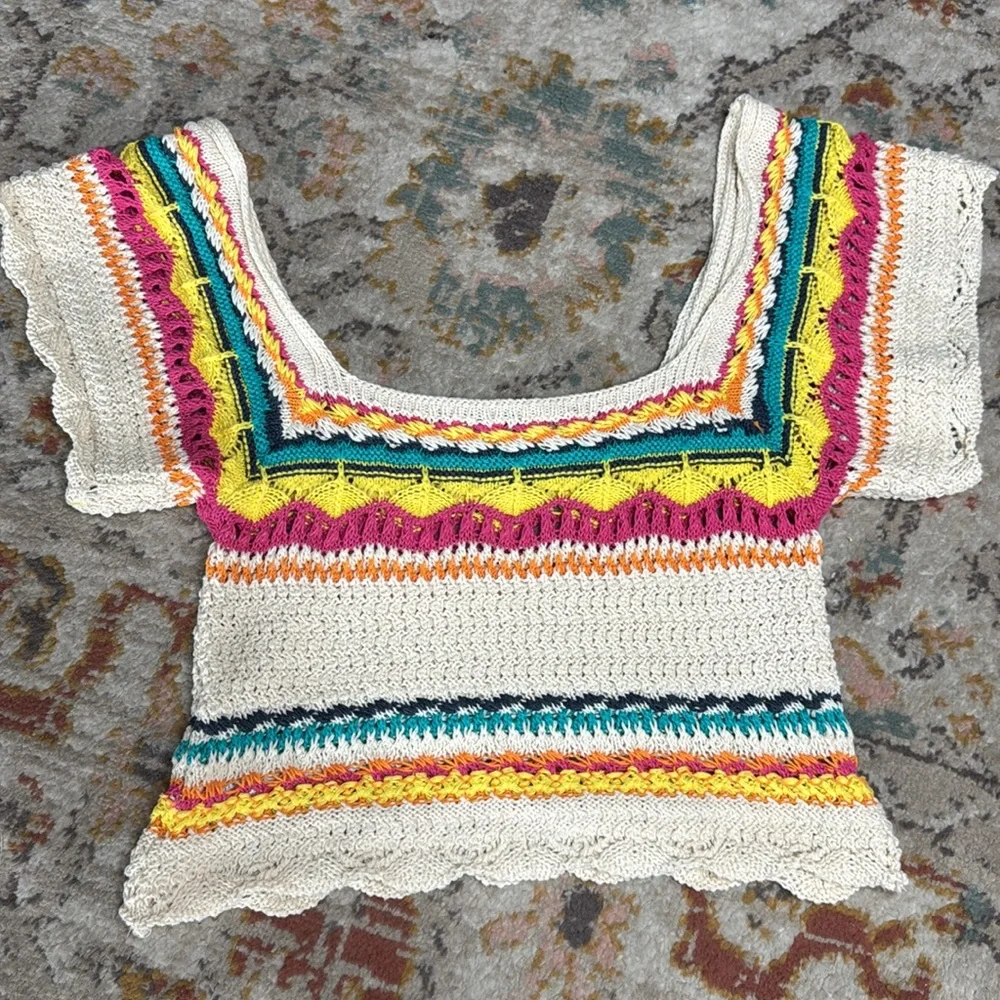 Zara Multi Color Cream Crotched Cropped‎ Cap Sleeve Top - medium - Picture 12 of 17